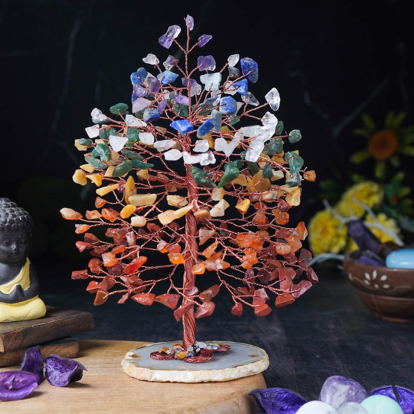 7 Chakra Tree of Life (Geode Agate Slice Base) - TheIndianHand