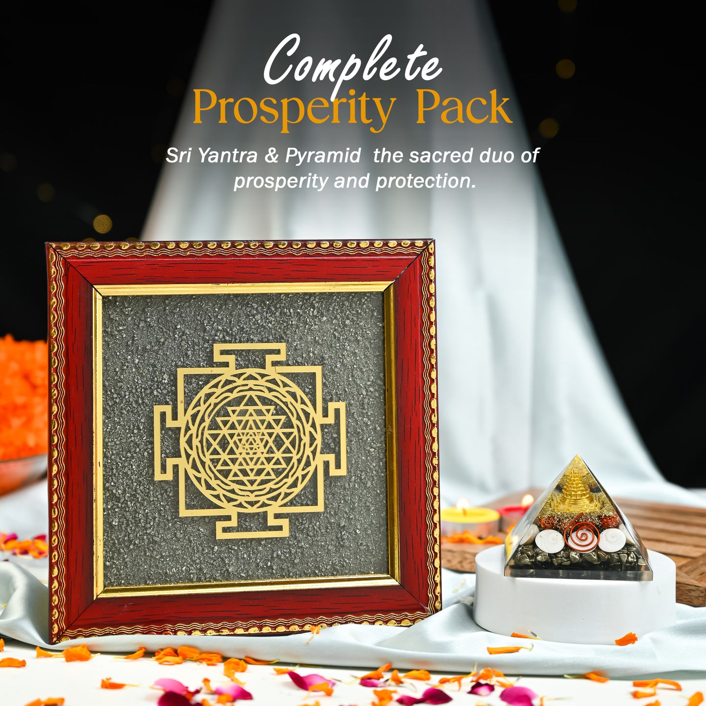 Dhan Varsha Combo – Pyrite Frame & Pyrite Pyramid | Good Luck & Wealth Attraction