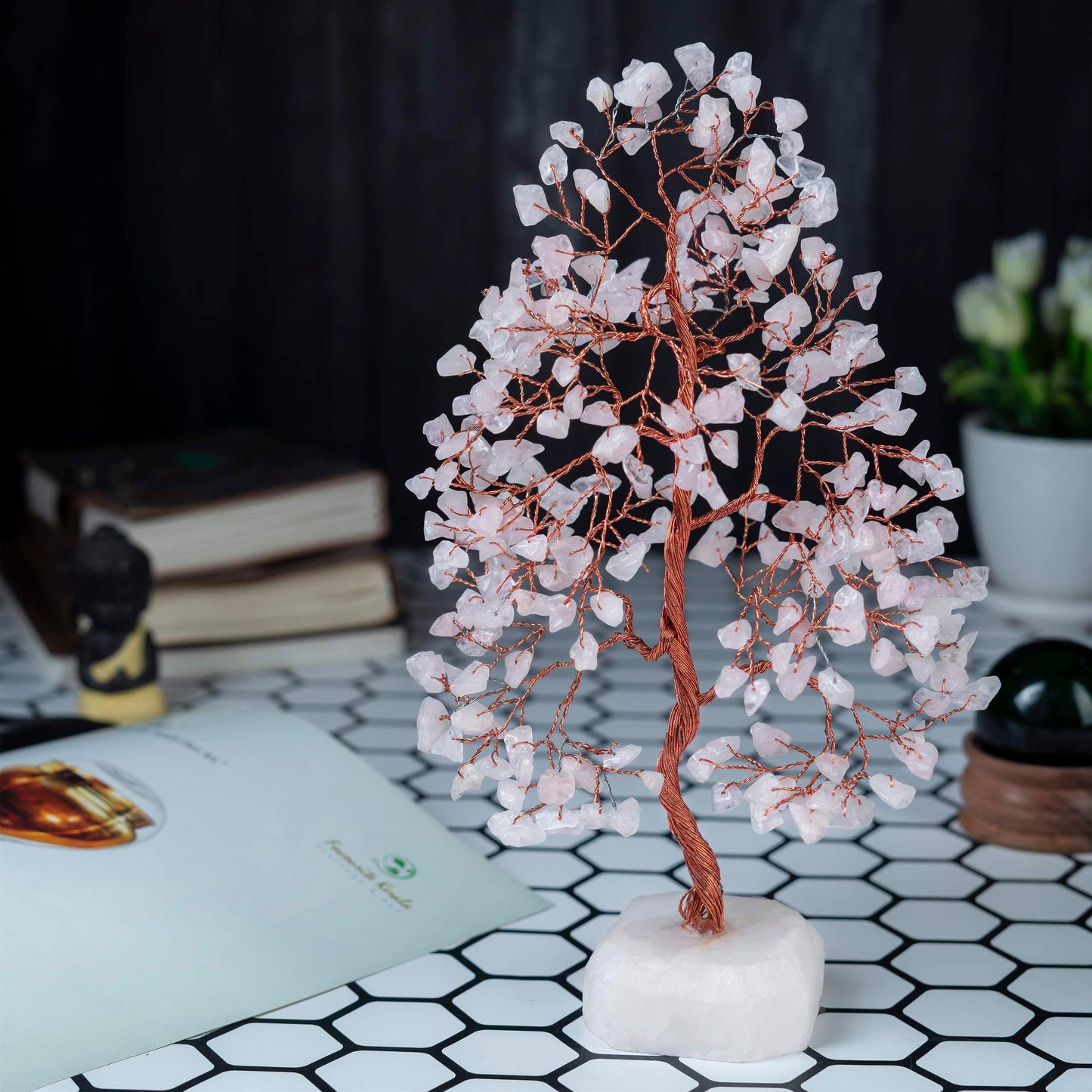 Rose Quartz Crystal Tree of Life (Natural Quartz Base) - TheIndianHand