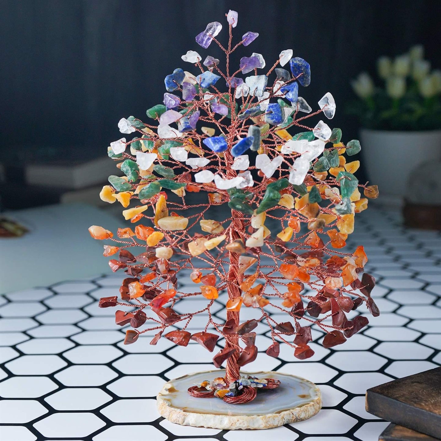 7 Chakra Tree of Life (Geode Agate Slice Base) - TheIndianHand
