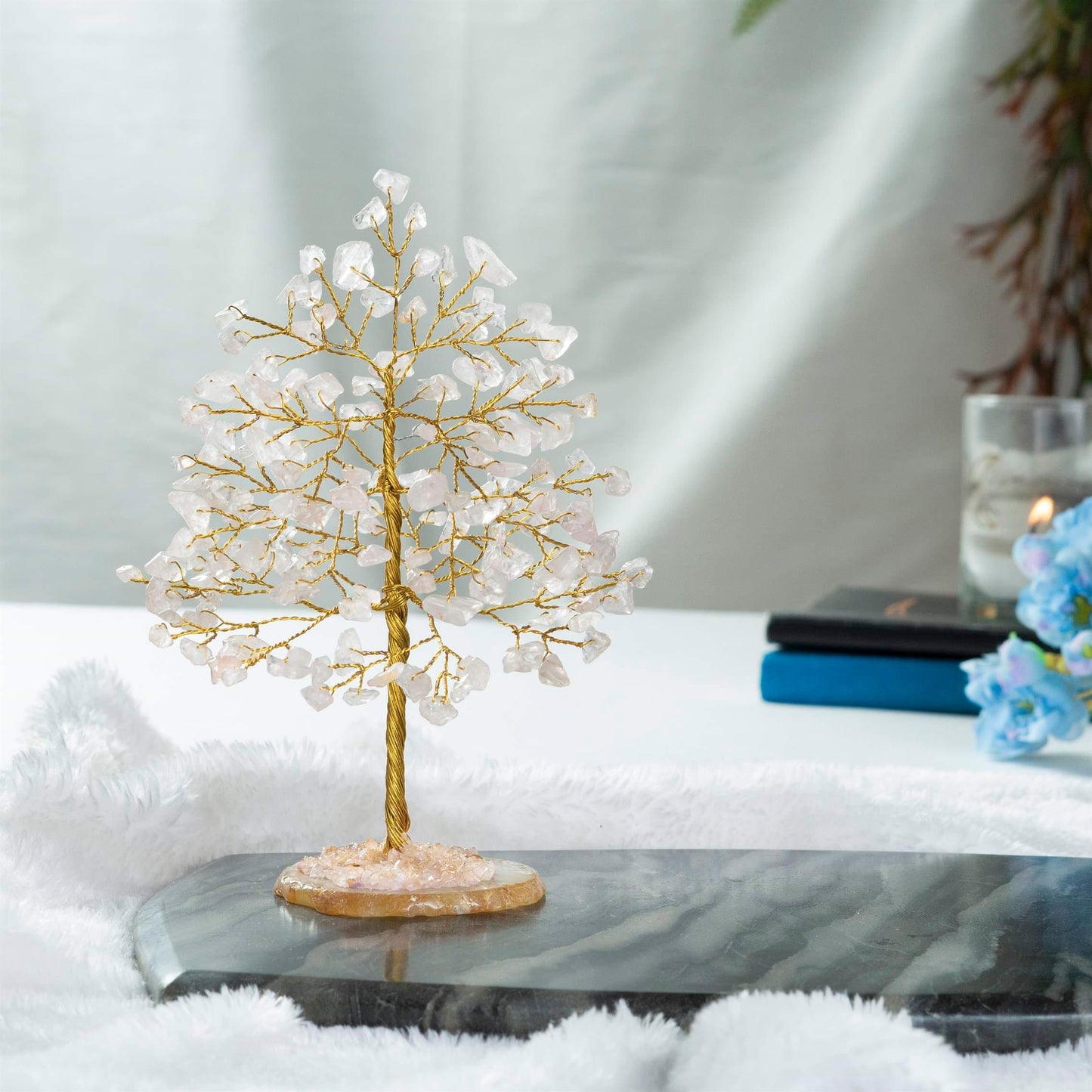 Rose Quartz Gemstone Tree Of Life (Geode Agate Slice Base) - TheIndianHand