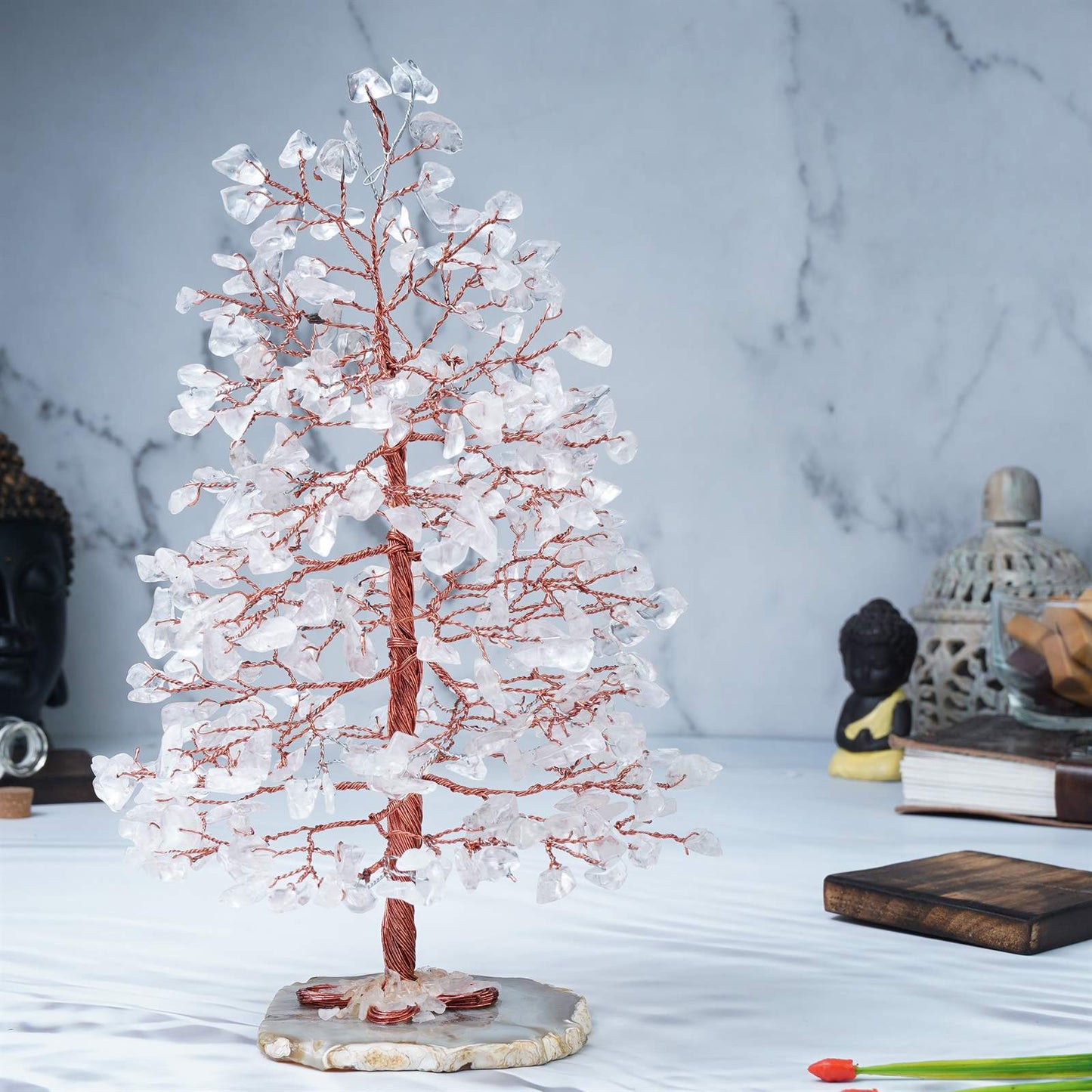 Clear Quartz Crystal Tree of Life (Geode Agate Slice Base) - TheIndianHand