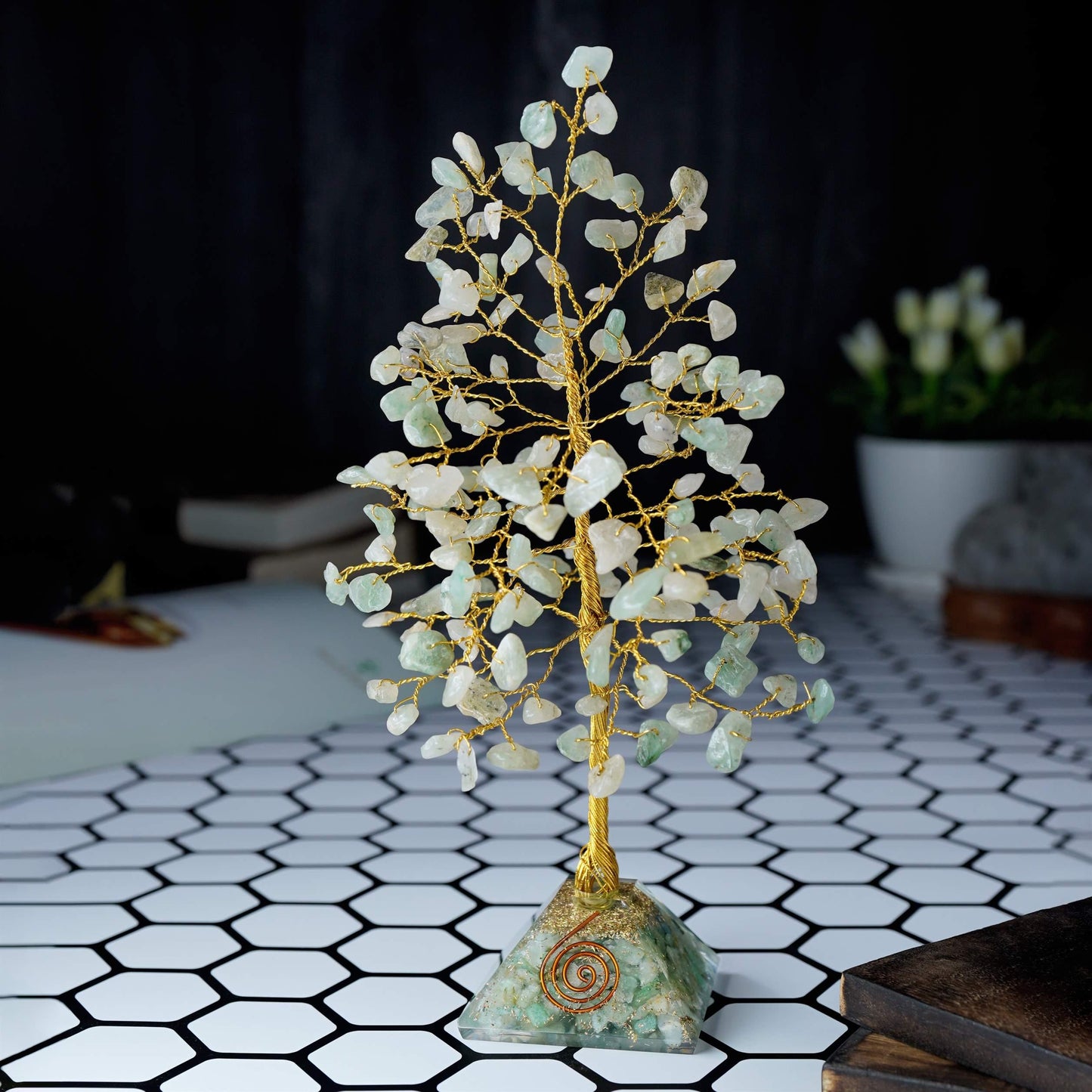 Green Aventurine Gemstone Tree (Orgone Pyramid Base) - TheIndianHand