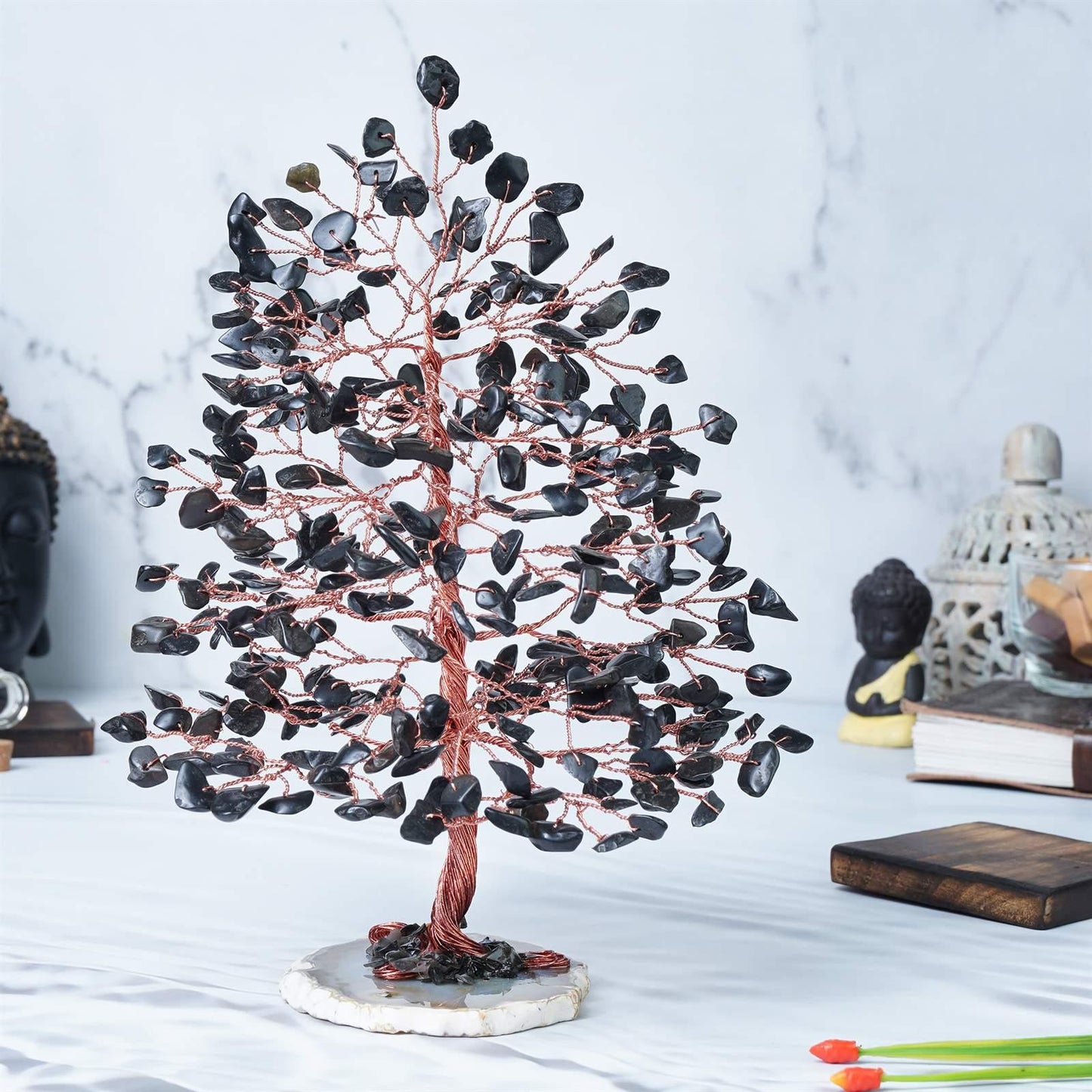 Black Tourmaline Gemstone Tree of Life (Geode Agate Slice Base) - TheIndianHand