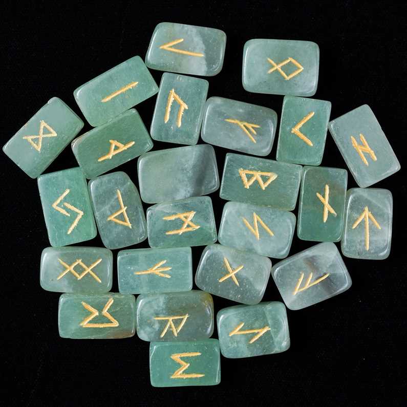 Green Jade Rectangle Shape Gemstone Runes 25 pcs Rune Set - TheIndianHand