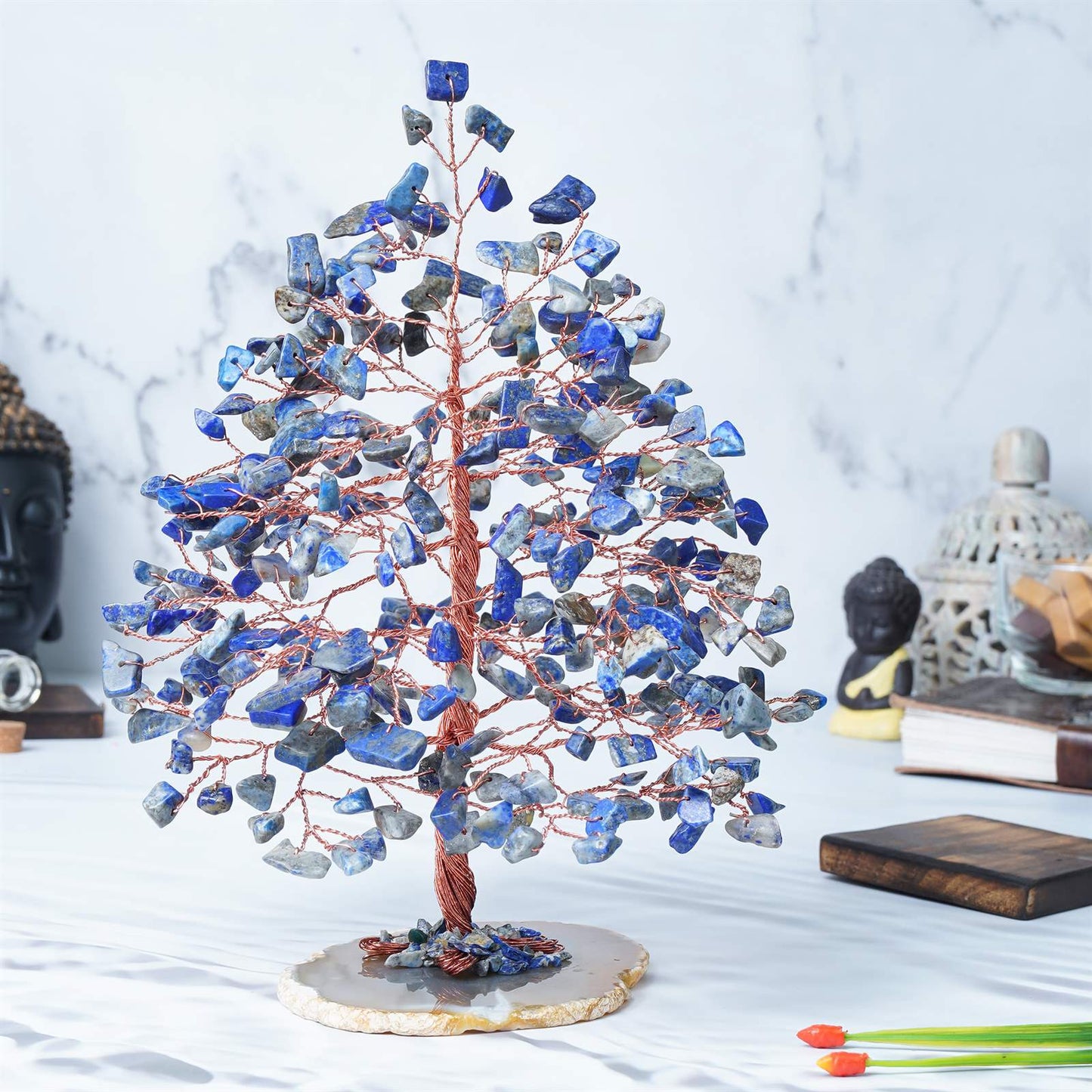 Lapis Lazuli Chakra Tree of Life (Geode Agate Slice Base) - TheIndianHand