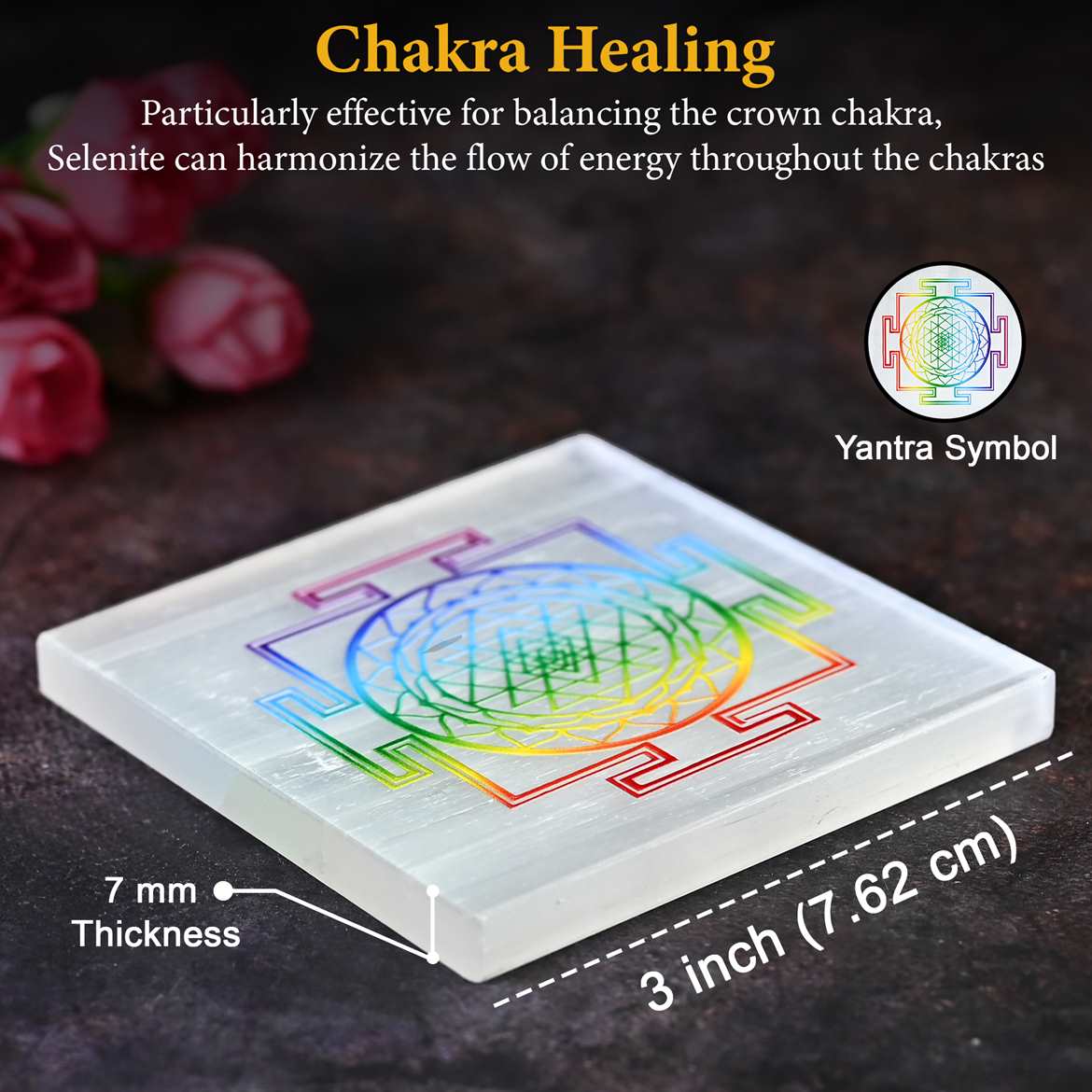 Seven Chakra Shree Yantra on Selenite Plate โ Spiritual Decor for Wealth & Energy Balance