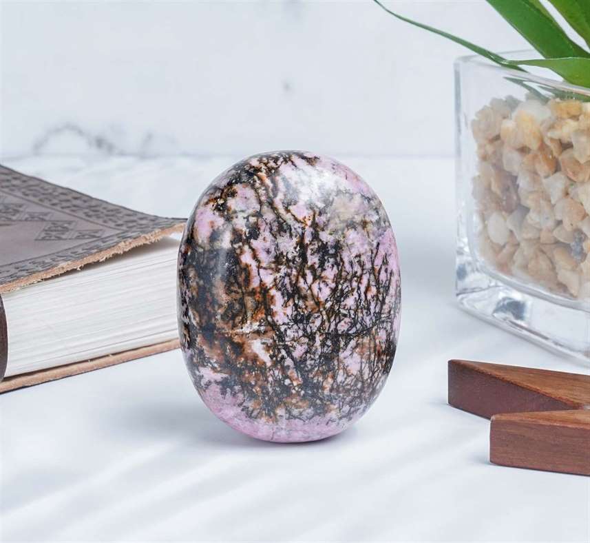 Rhodonite Crystal Palmstone (Emotional Healing, Support Forgiveness) - TheIndianHand