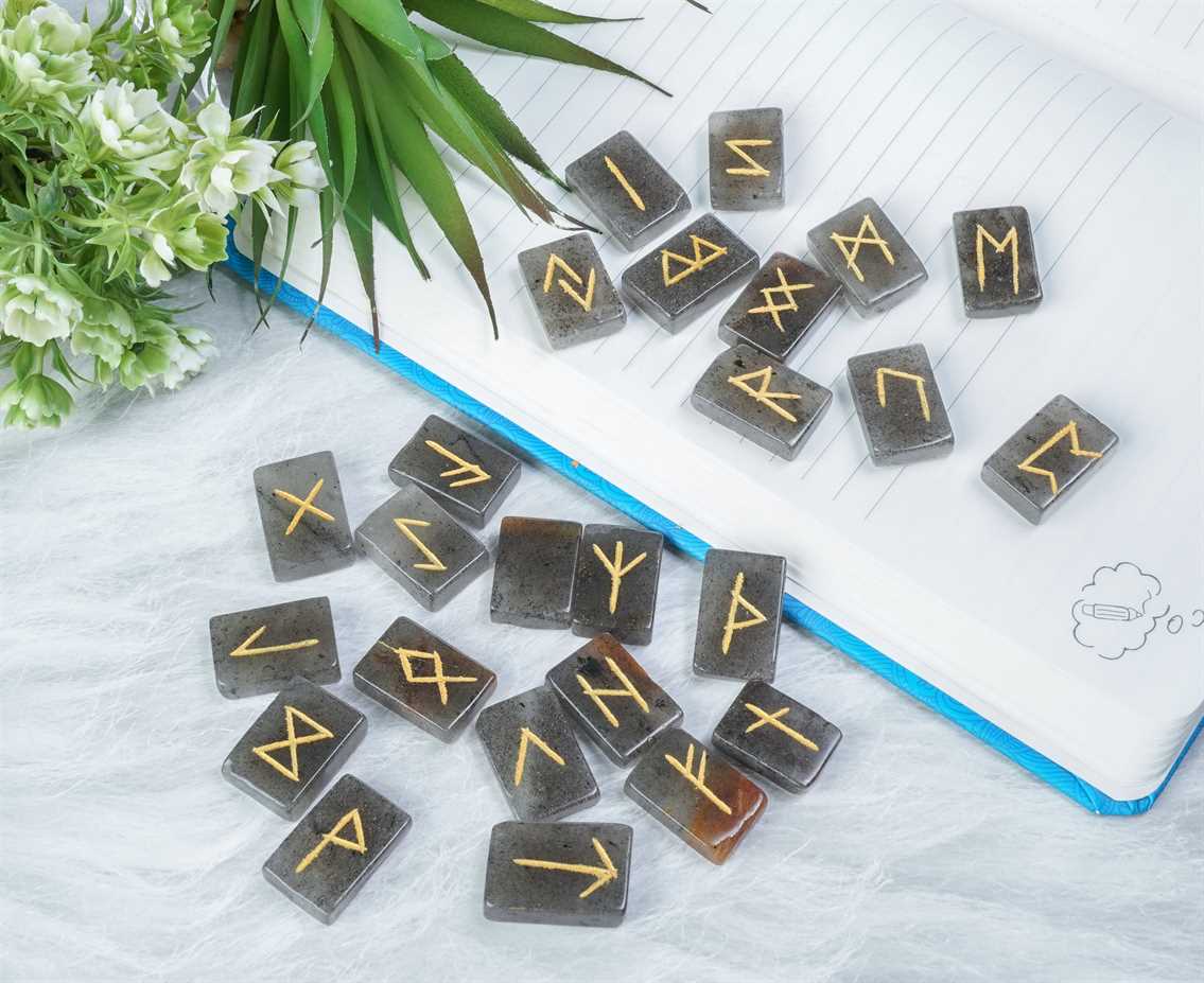 Grey Aventurine Rectangle Shape Gemstone Runes 25 pcs Rune Set - TheIndianHand