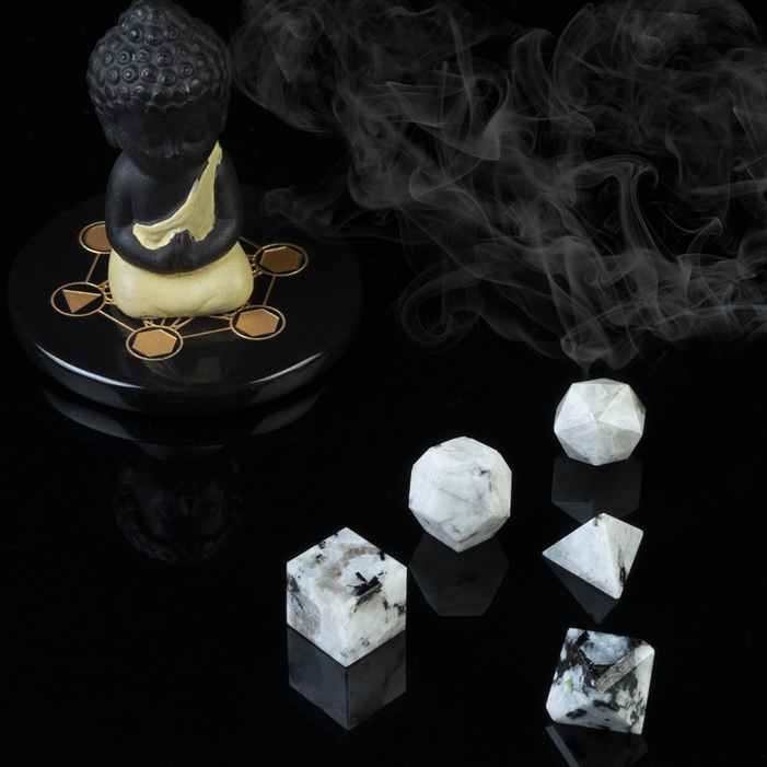 Rainbow Moonstone Platonic Solids Crystal Geometry Set (15-20 mm) - TheIndianHand