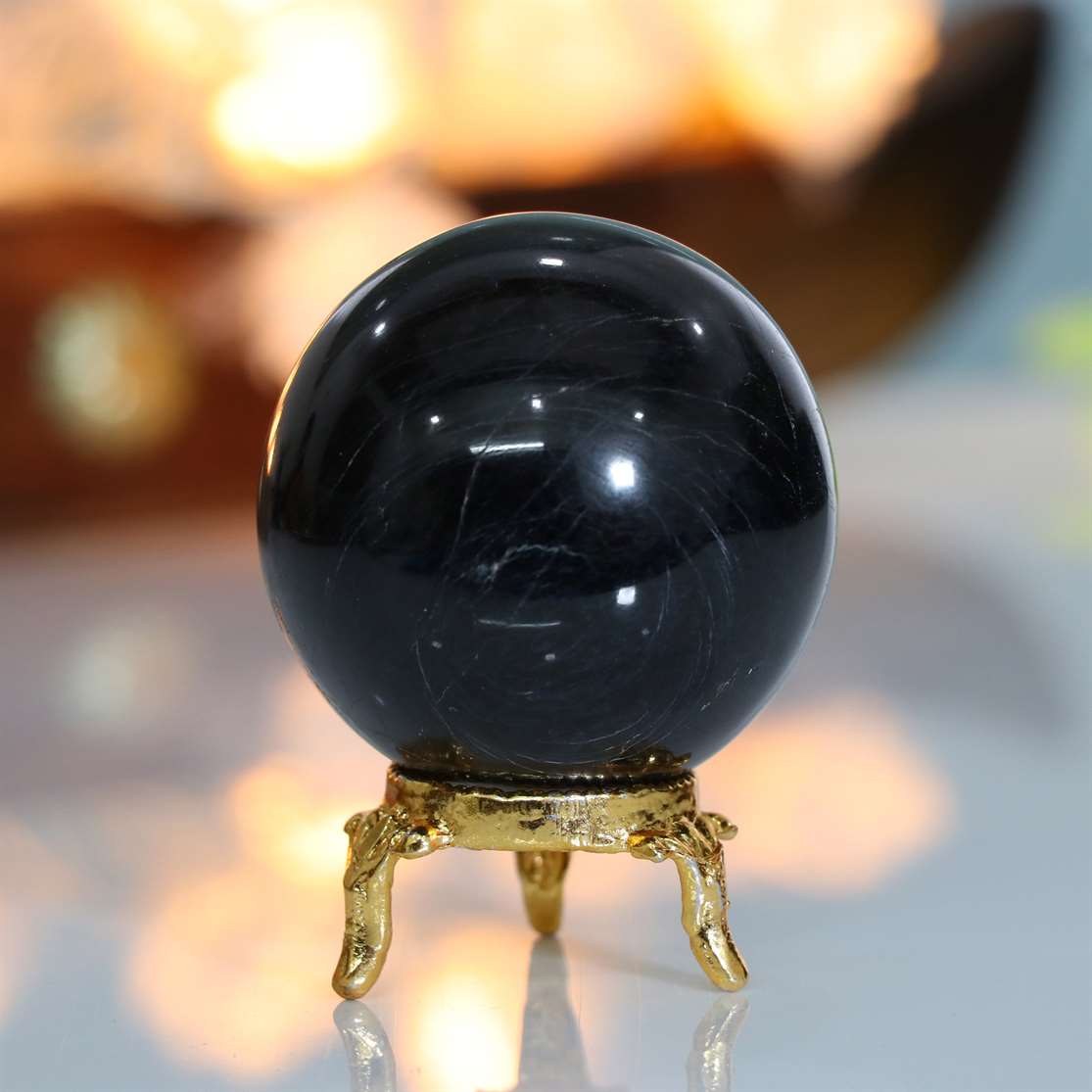 Black Tourmaline Crystal Sphere Ball - Energy Protection - TheIndianHand