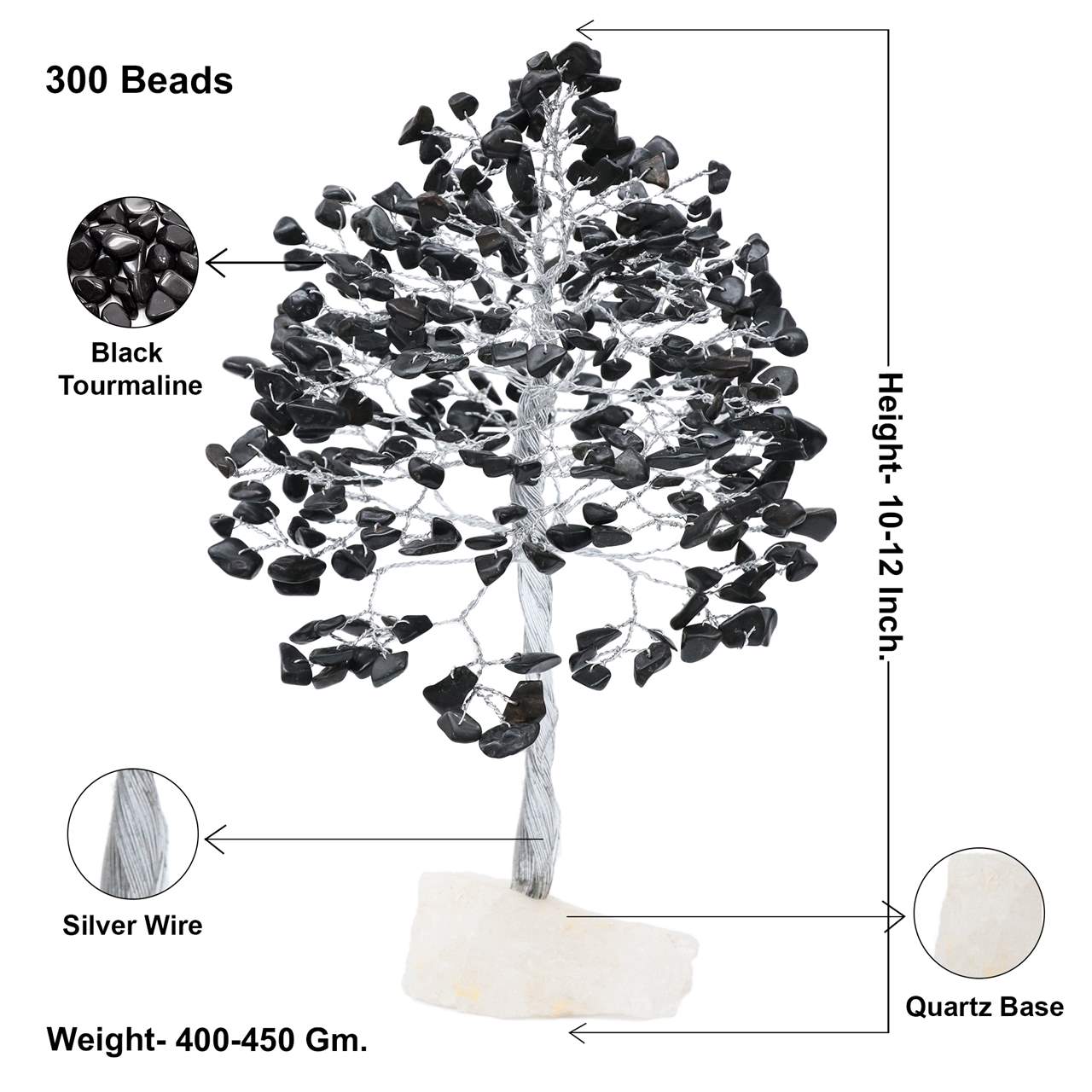 Black Tourmaline Gemstone Tree of Life (Quartz Base) - TheIndianHand