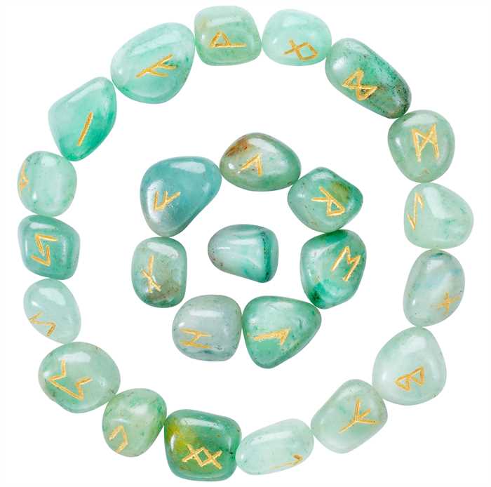 Green Aventurine Rune Stones Set Engraved - TheIndianHand