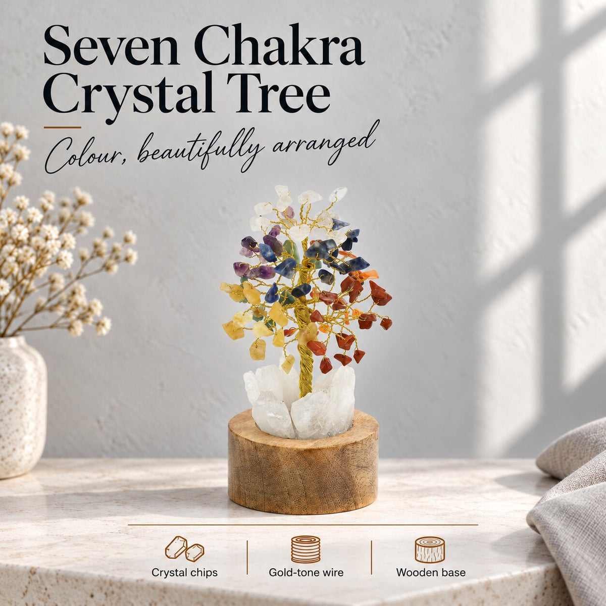 7 Chakra Crystal Tree of Life with LED Light, Natural Gemstone Bonsai with Quartz Base & Mango Wood Stand, Reiki Vastu Feng Shui, Home & Office Decor, Spiritual Gift