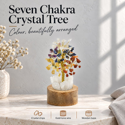7 Chakra Crystal Tree of Life with LED Light, Natural Gemstone Bonsai with Quartz Base & Mango Wood Stand, Reiki Vastu Feng Shui, Home & Office Decor, Spiritual Gift