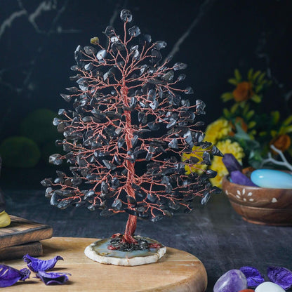 Black Tourmaline Gemstone Tree of Life (Geode Agate Slice Base) - TheIndianHand 