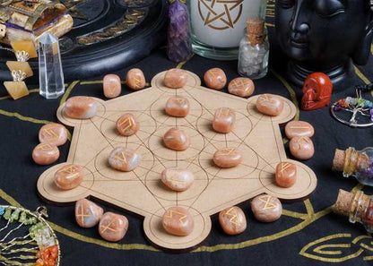 Peach moonstone rune stones set engraved - TheIndianHand 