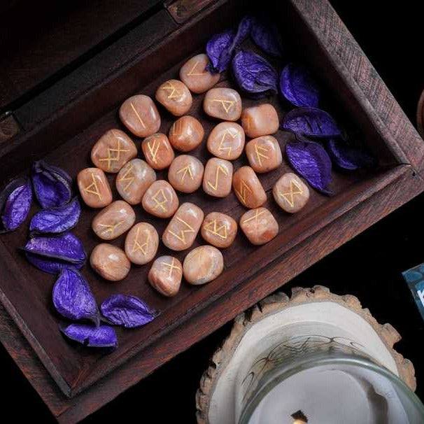 Peach moonstone rune stones set engraved - TheIndianHand 