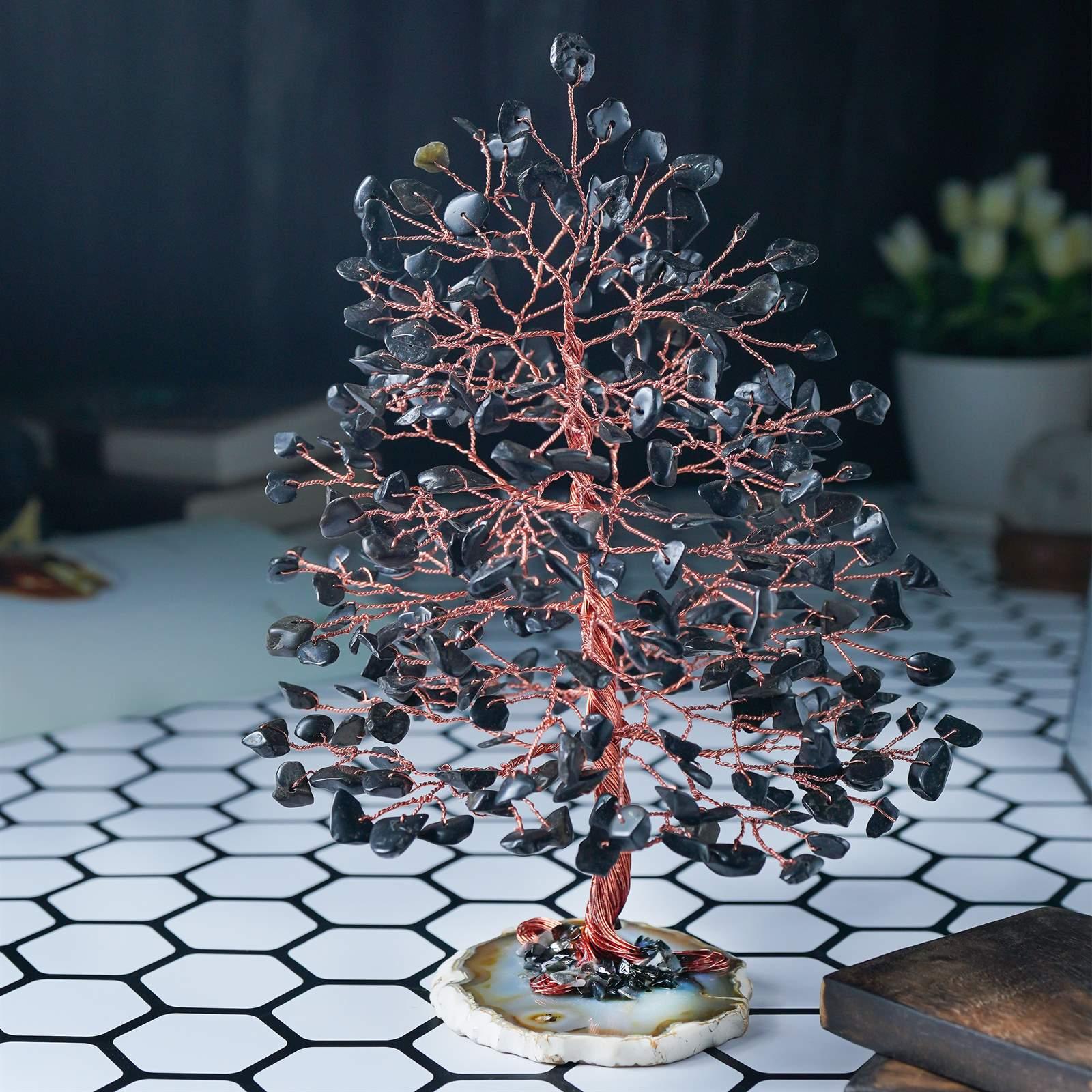 Black Tourmaline Gemstone Tree of Life (Geode Agate Slice Base) - TheIndianHand 