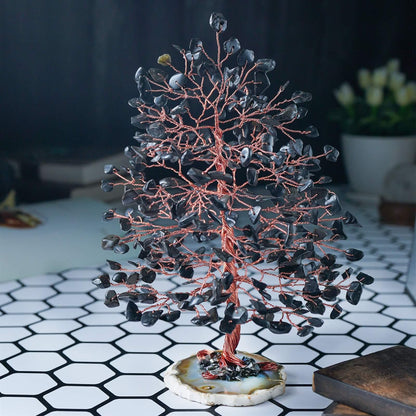 Black Tourmaline Gemstone Tree of Life (Geode Agate Slice Base) - TheIndianHand 