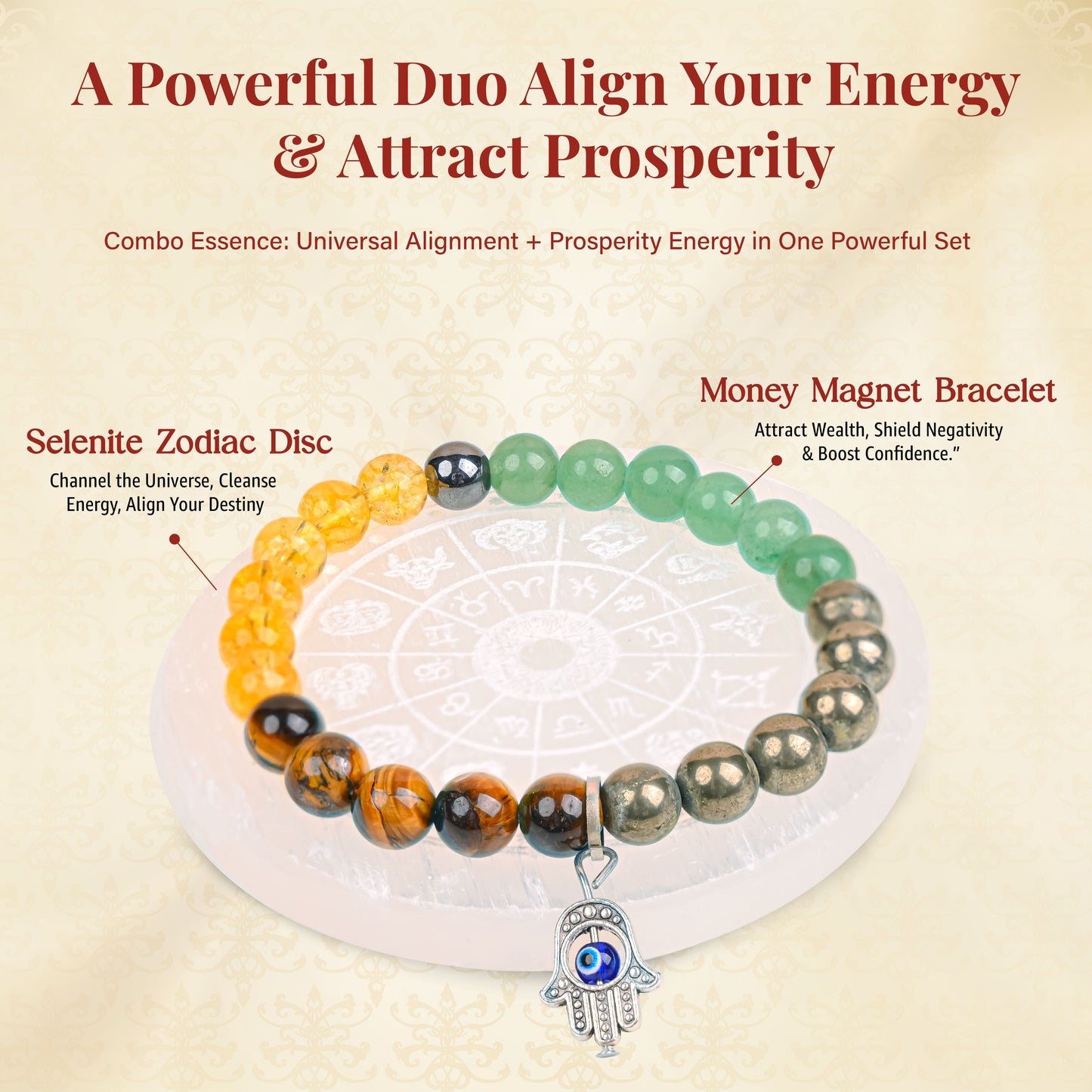 Sampatti & Shuddhi Combo: Money Magnet Bracelet with Selenite Zodiac Disc – Attract Wealth & Align Energy