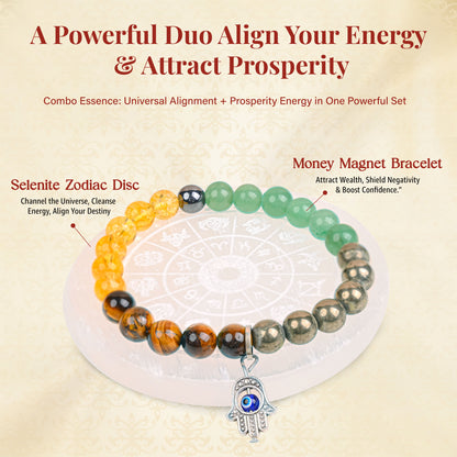 Sampatti & Shuddhi Combo: Money Magnet Bracelet with Selenite Zodiac Disc – Attract Wealth & Align Energy