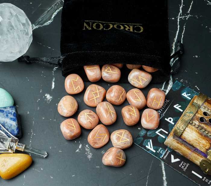 Peach moonstone rune stones set engraved - TheIndianHand 