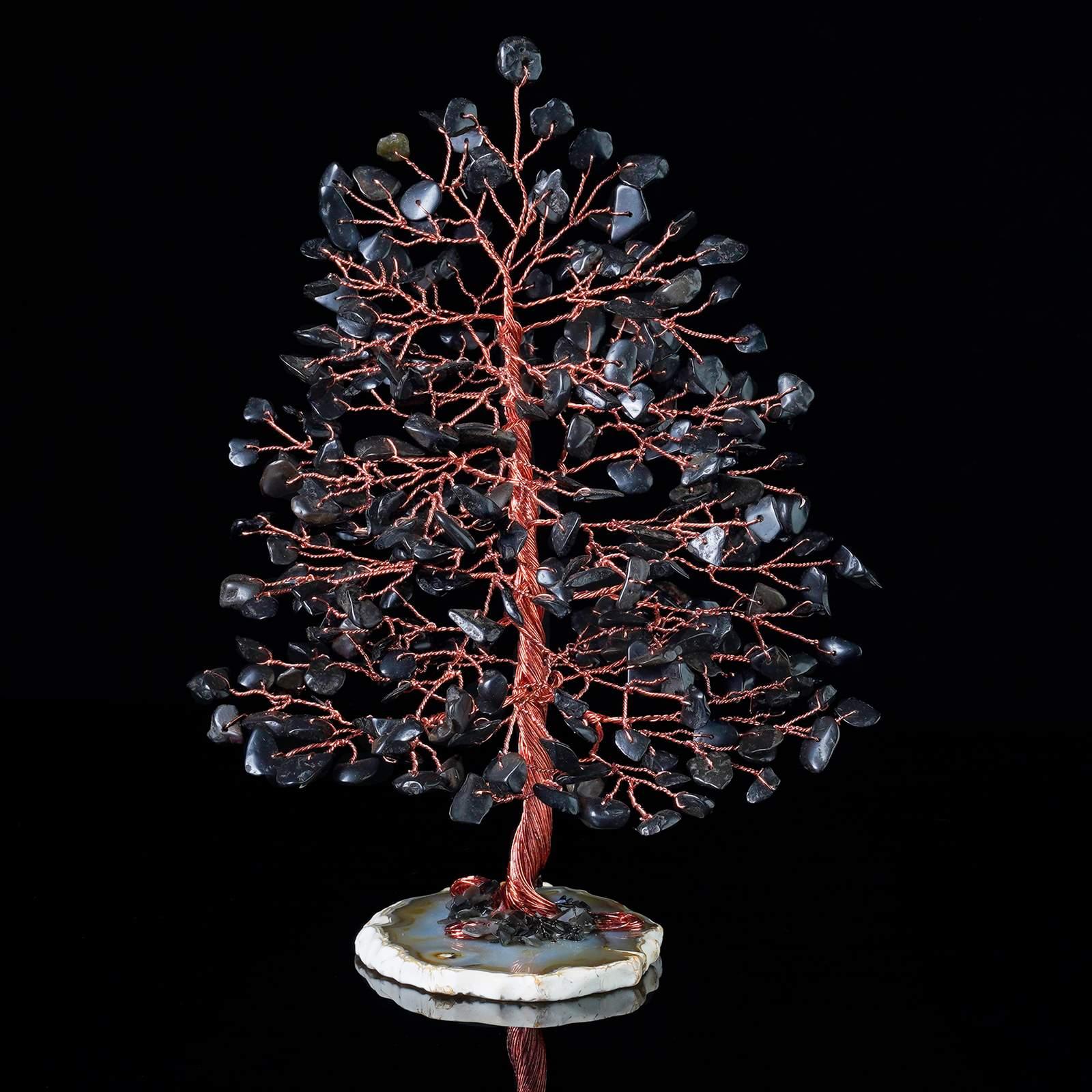Black Tourmaline Gemstone Tree of Life (Geode Agate Slice Base) - TheIndianHand 