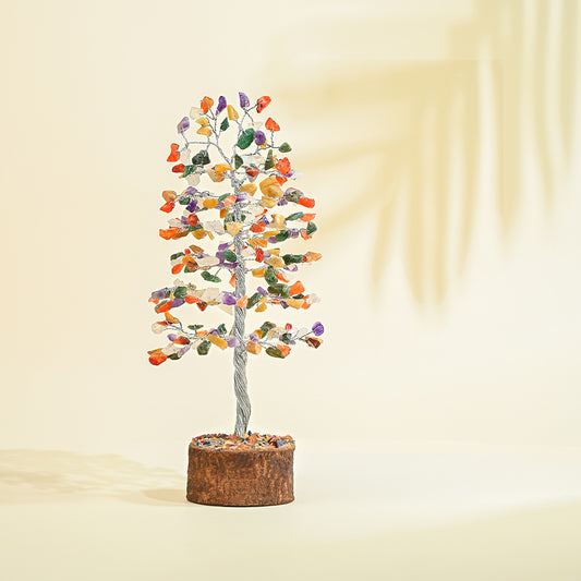 Mixed 7 Chakra Crystal Tree – Silver Wire Handmade Showpiece for Energy Balance & Healing