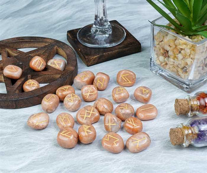 Peach moonstone rune stones set engraved - TheIndianHand 