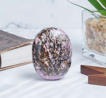 Rhodonite Crystal Palmstone (Emotional Healing, Support Forgiveness) - TheIndianHand 