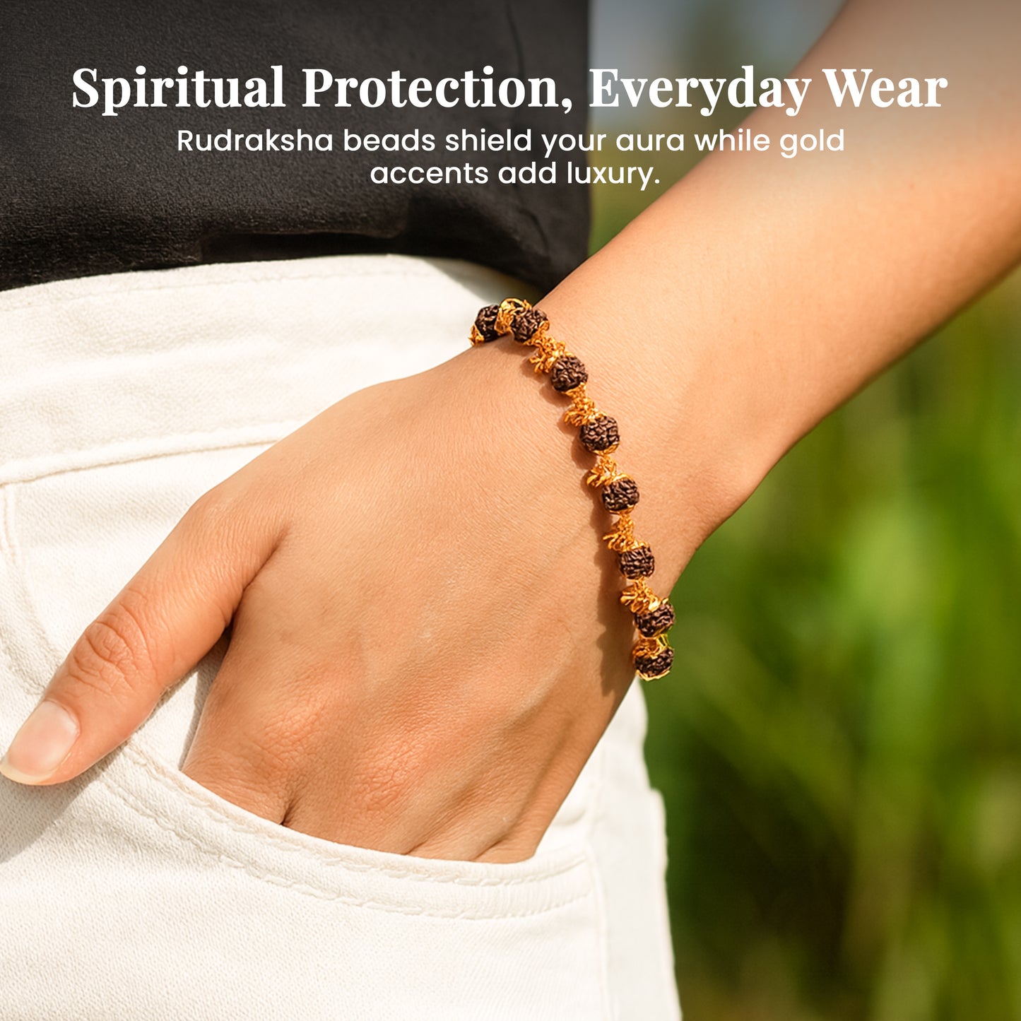 Golden Rudraksha Bracelet for Women – 5 Mukhi 20 Beads for Meditation & Spiritual Healing