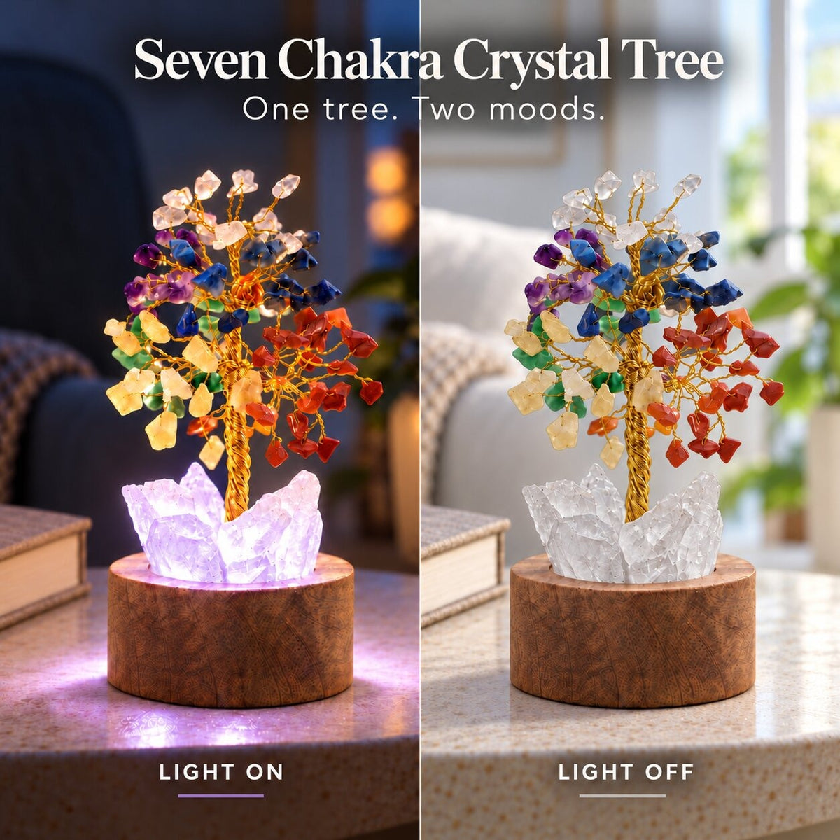 7 Chakra Crystal Tree of Life with LED Light, Natural Gemstone Bonsai with Quartz Base & Mango Wood Stand, Reiki Vastu Feng Shui, Home & Office Decor, Spiritual Gift