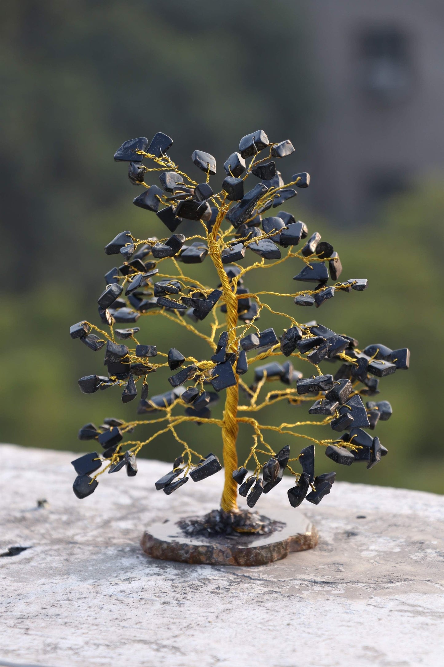Black Tourmaline Gemstone Tree of Life (Geode Agate Slice Base) - TheIndianHand 