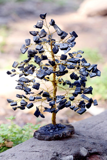 Black Tourmaline Gemstone Tree of Life (Geode Agate Slice Base) - TheIndianHand 