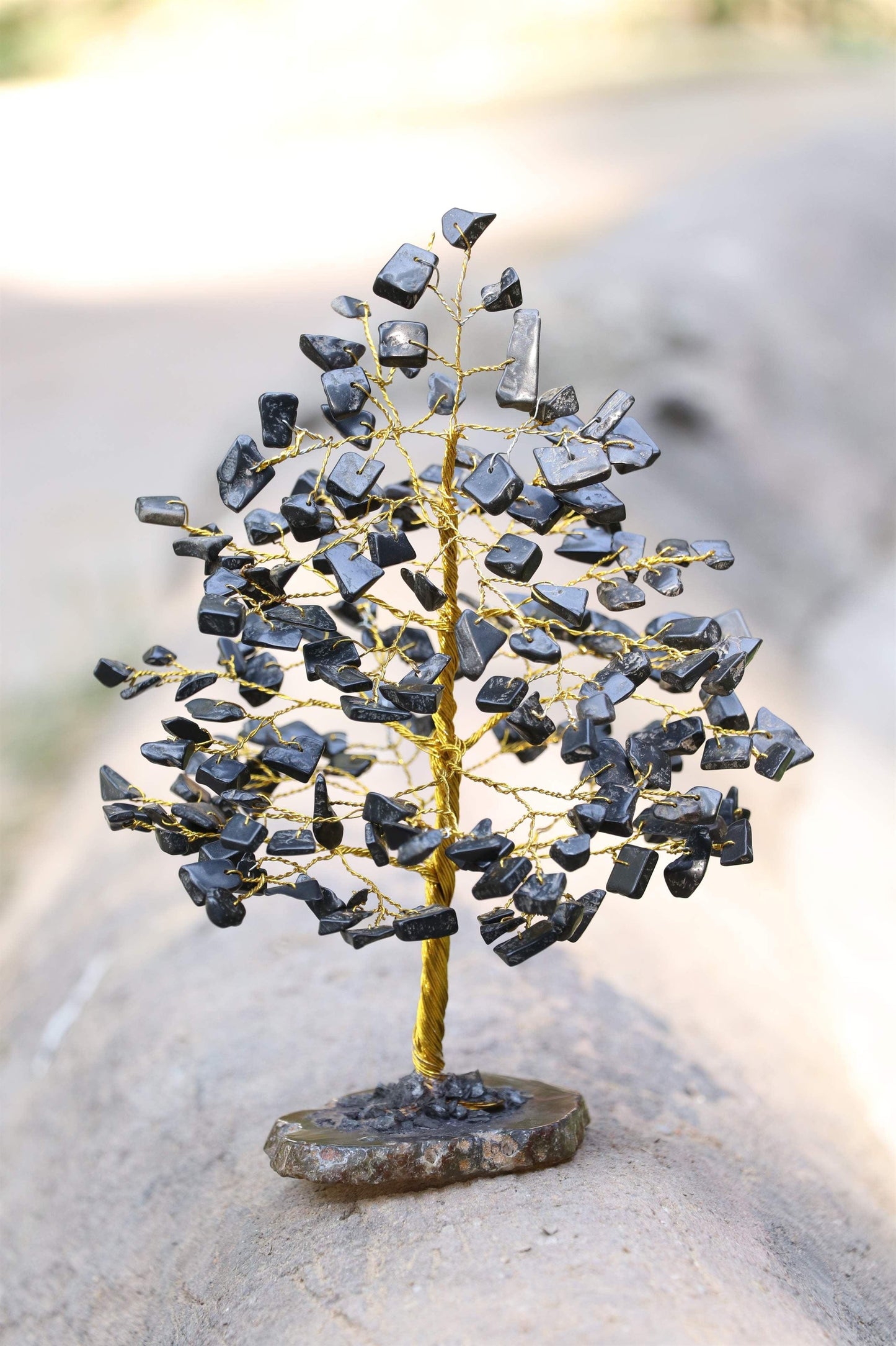 Black Tourmaline Gemstone Tree of Life (Geode Agate Slice Base) - TheIndianHand 