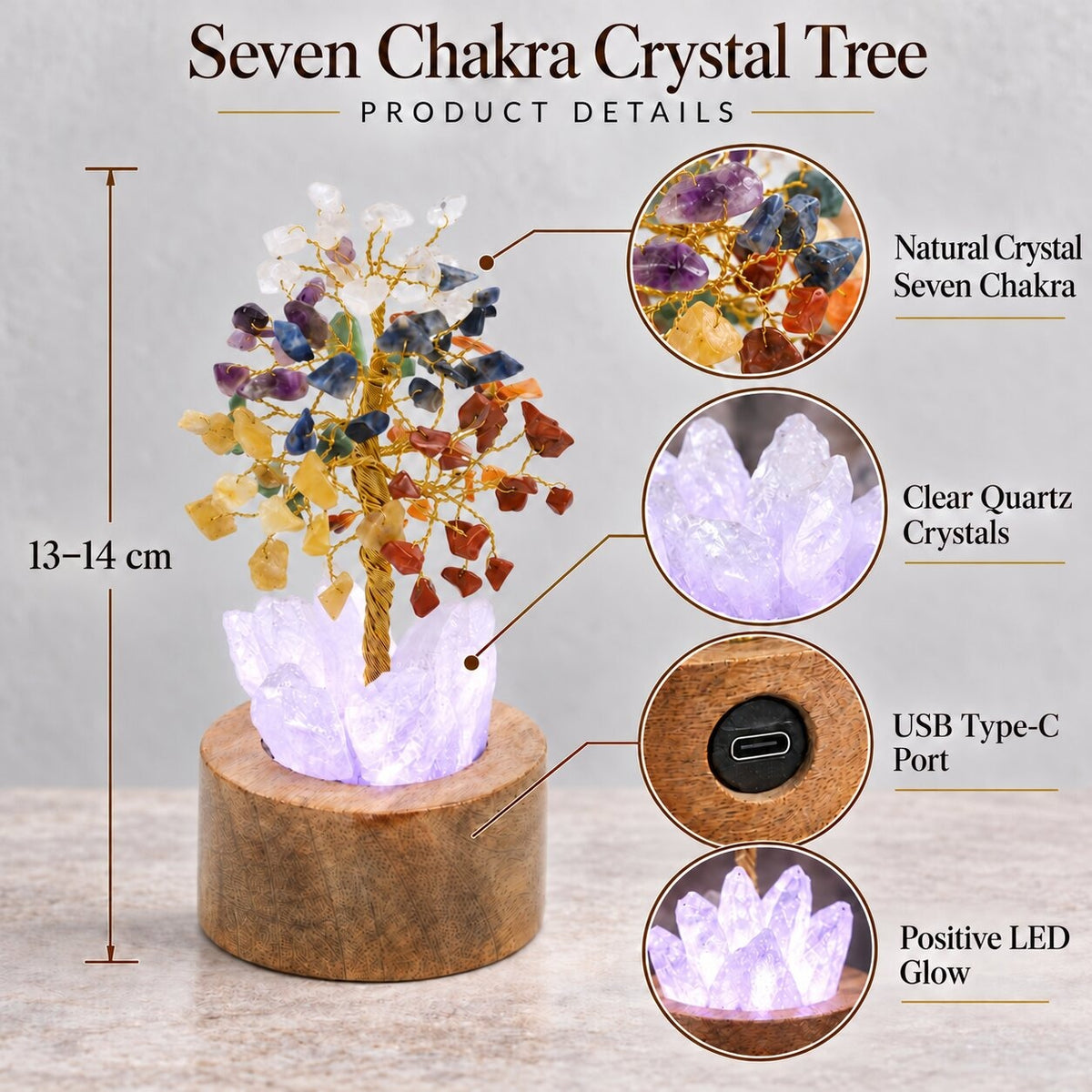 7 Chakra Crystal Tree of Life with LED Light, Natural Gemstone Bonsai with Quartz Base & Mango Wood Stand, Reiki Vastu Feng Shui, Home & Office Decor, Spiritual Gift