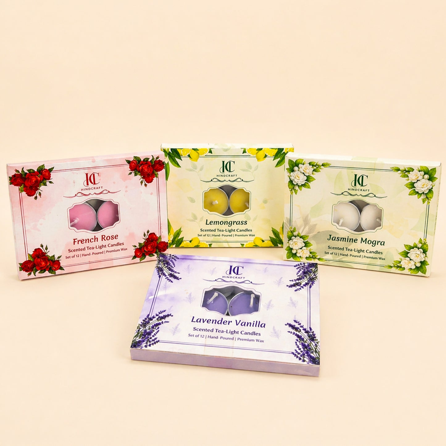 Premium Freshness Combo Candle – Pack of 48 (4 Packs × 12 Each | Mogra, Jasmine, Rose, Green Grass)