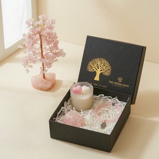 Rose Quartz Healing Combo – Crystal Tree + Scented Candle + Bracelet + Raw Cluster | Love & Positive Energy Kit