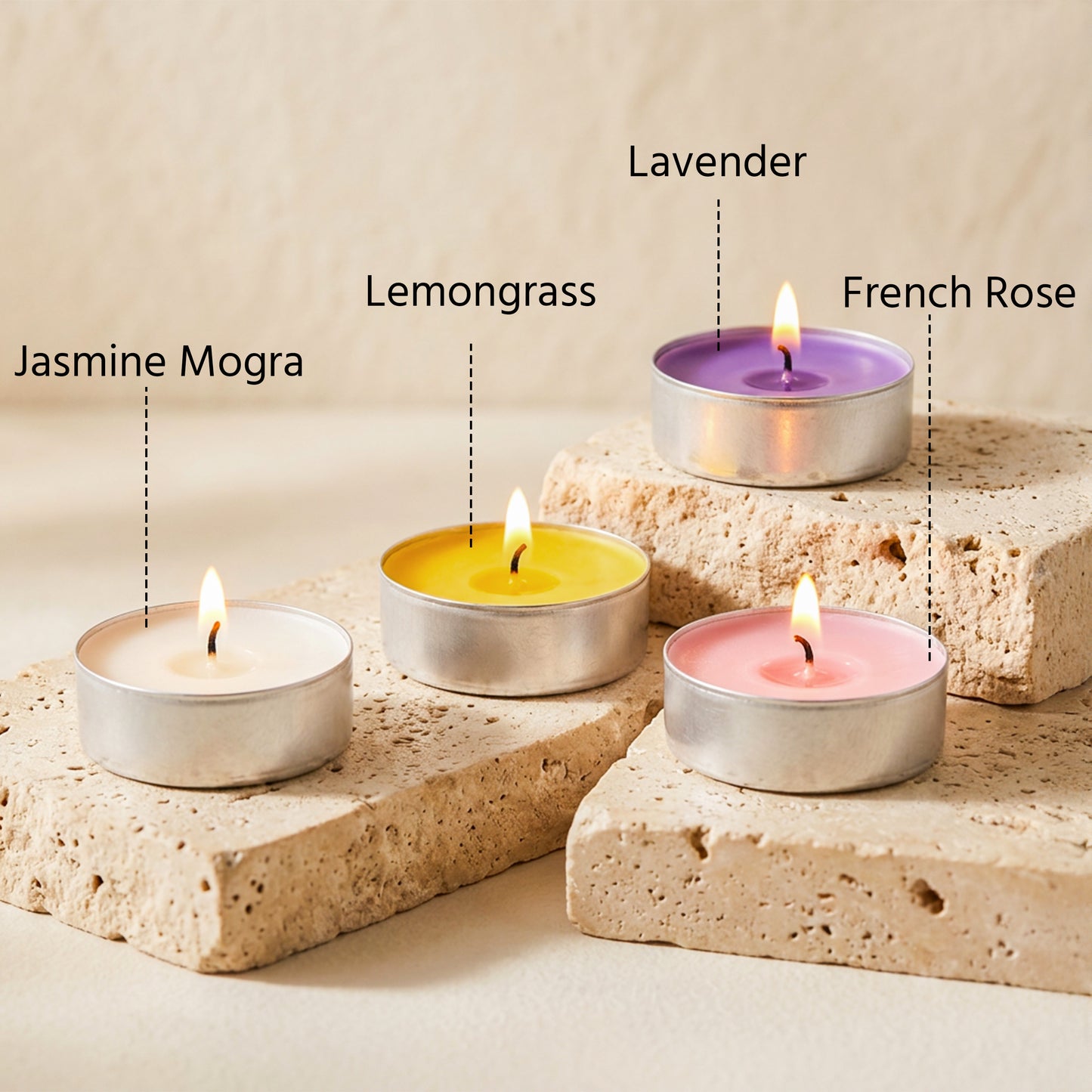 Premium Freshness Combo Candle – Pack of 48 (4 Packs × 12 Each | Mogra, Jasmine, Rose, Green Grass)