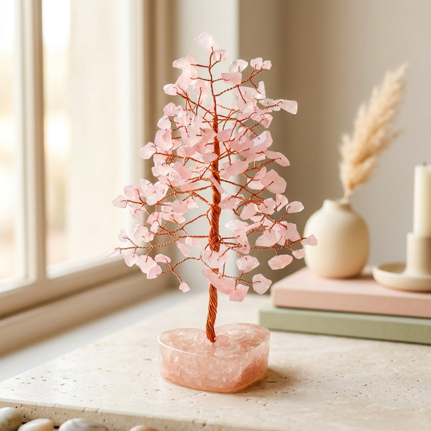 Rose Quartz Healing Combo – Crystal Tree + Scented Candle + Bracelet + Raw Cluster | Love & Positive Energy Kit