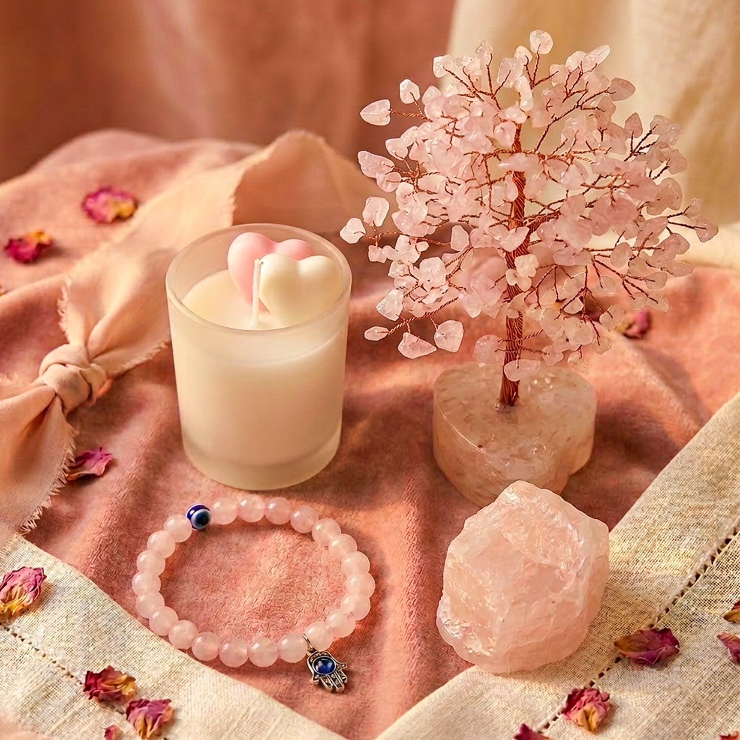 Rose Quartz Healing Combo – Crystal Tree + Scented Candle + Bracelet + Raw Cluster | Love & Positive Energy Kit