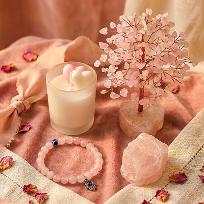 Rose Quartz Healing Combo – Crystal Tree + Scented Candle + Bracelet + Raw Cluster | Love & Positive Energy Kit