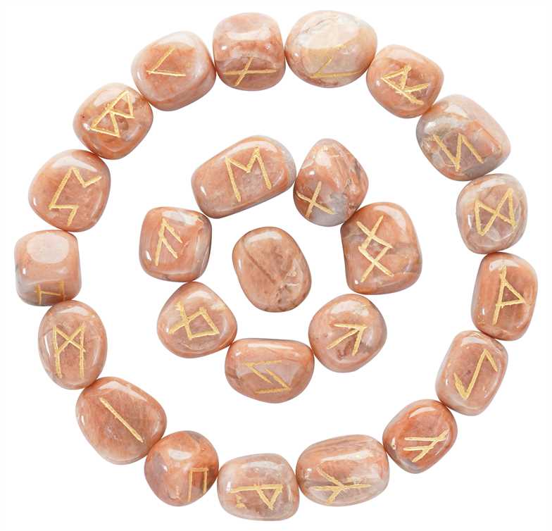 Peach moonstone rune stones set engraved - TheIndianHand 